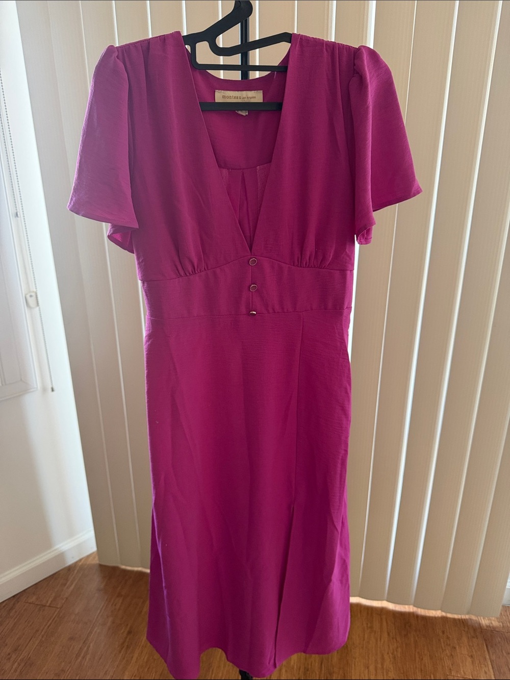 Flutter-Sleeve Magenta Midi Dress with Buttoned Waist